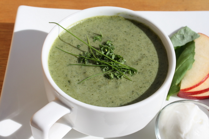 Smooth green spring herb soup in bowl.