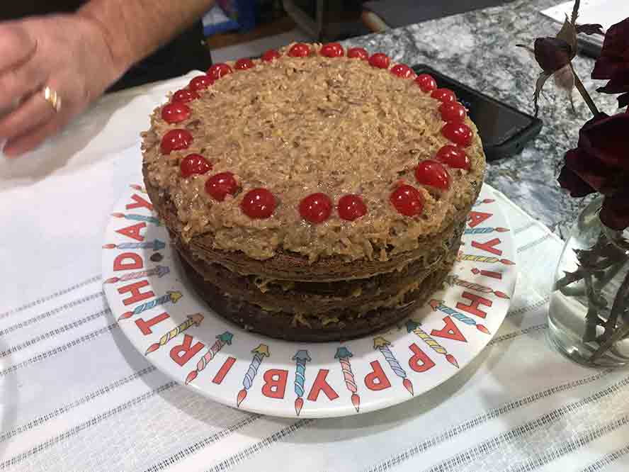 German Chocolate Cake displayed on a plate.