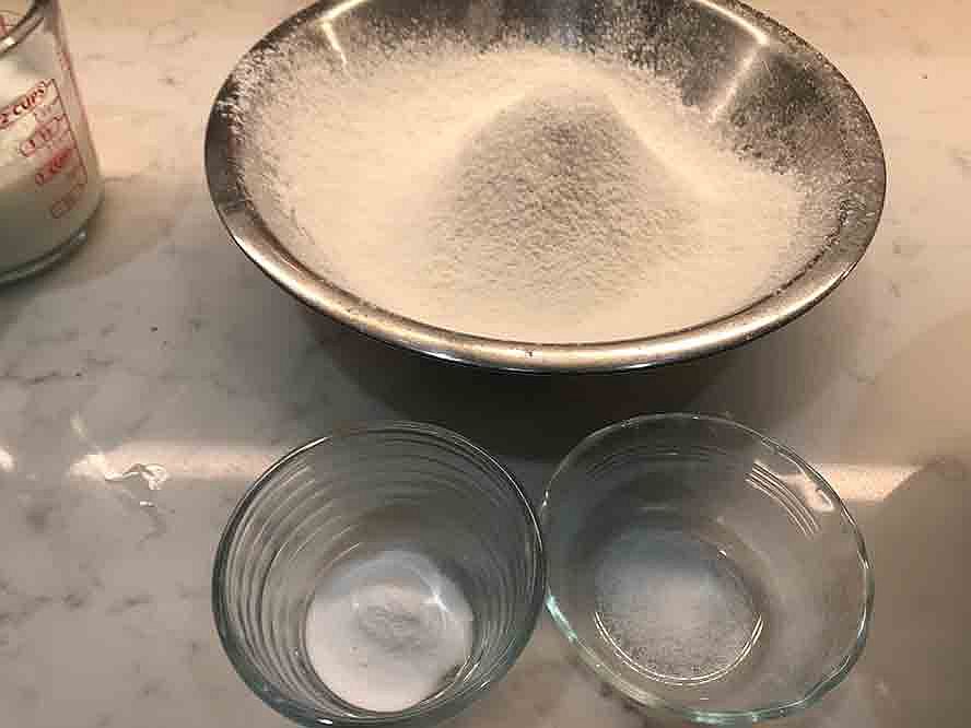 Dry ingredients measured and ready to be added to the German chocolate cake batter.